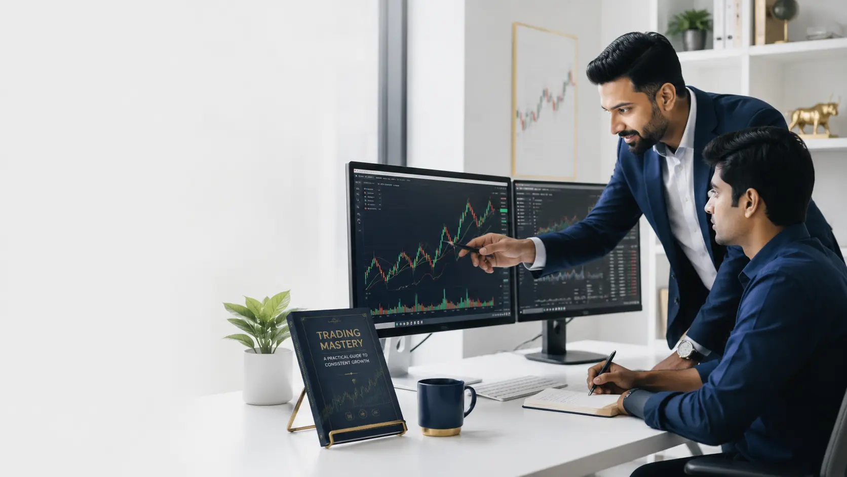 Trading education workspace with market learning visuals